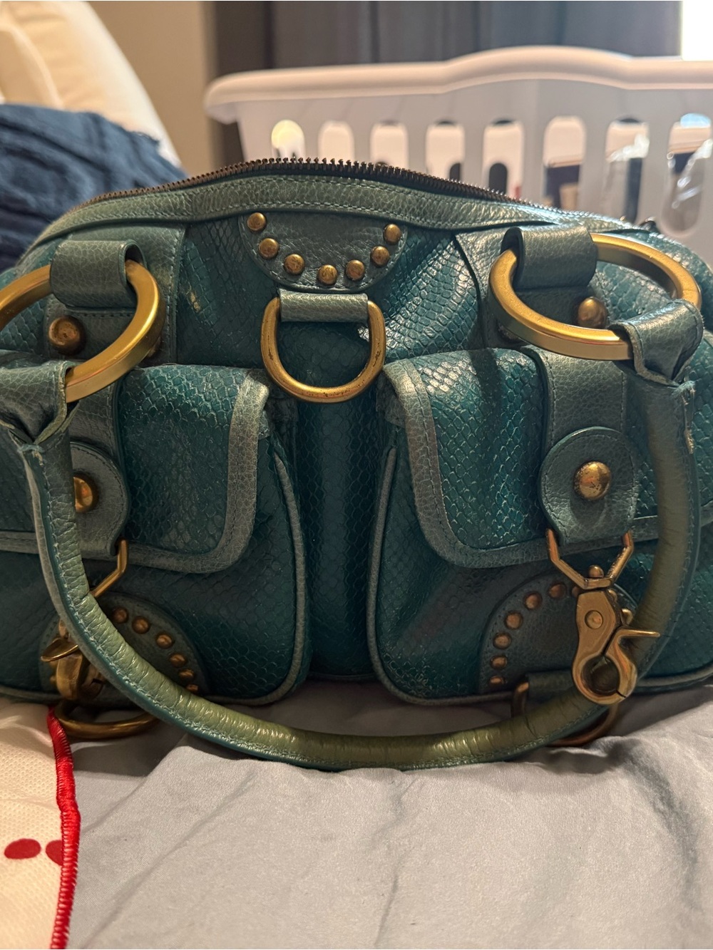 Isabella Fiore Teal Women's Satchel Handbag with Brass Hardware